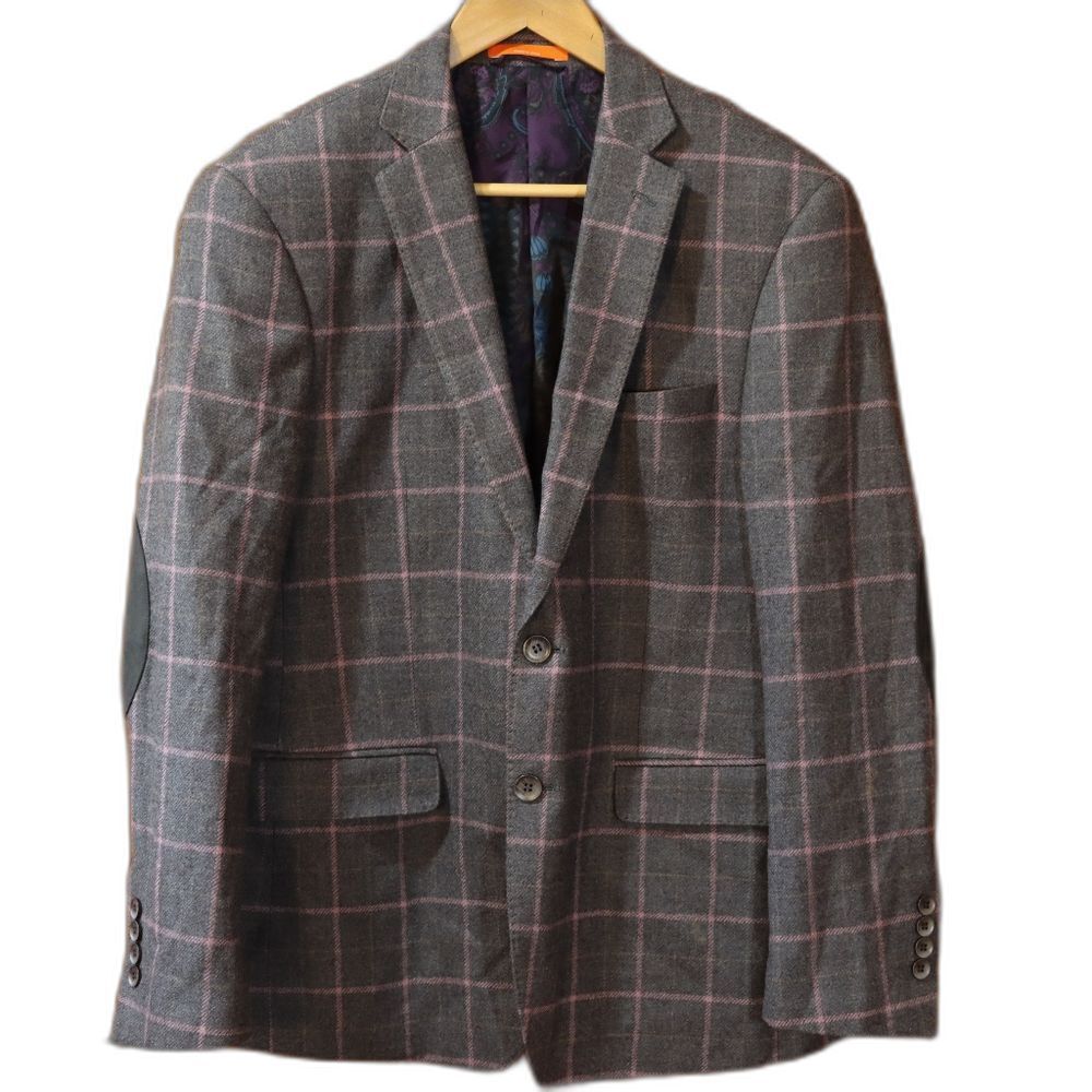 Tallia Gray Pink Windowpane Wool Sport Coat Mens 42S Blazer Classic Tailored